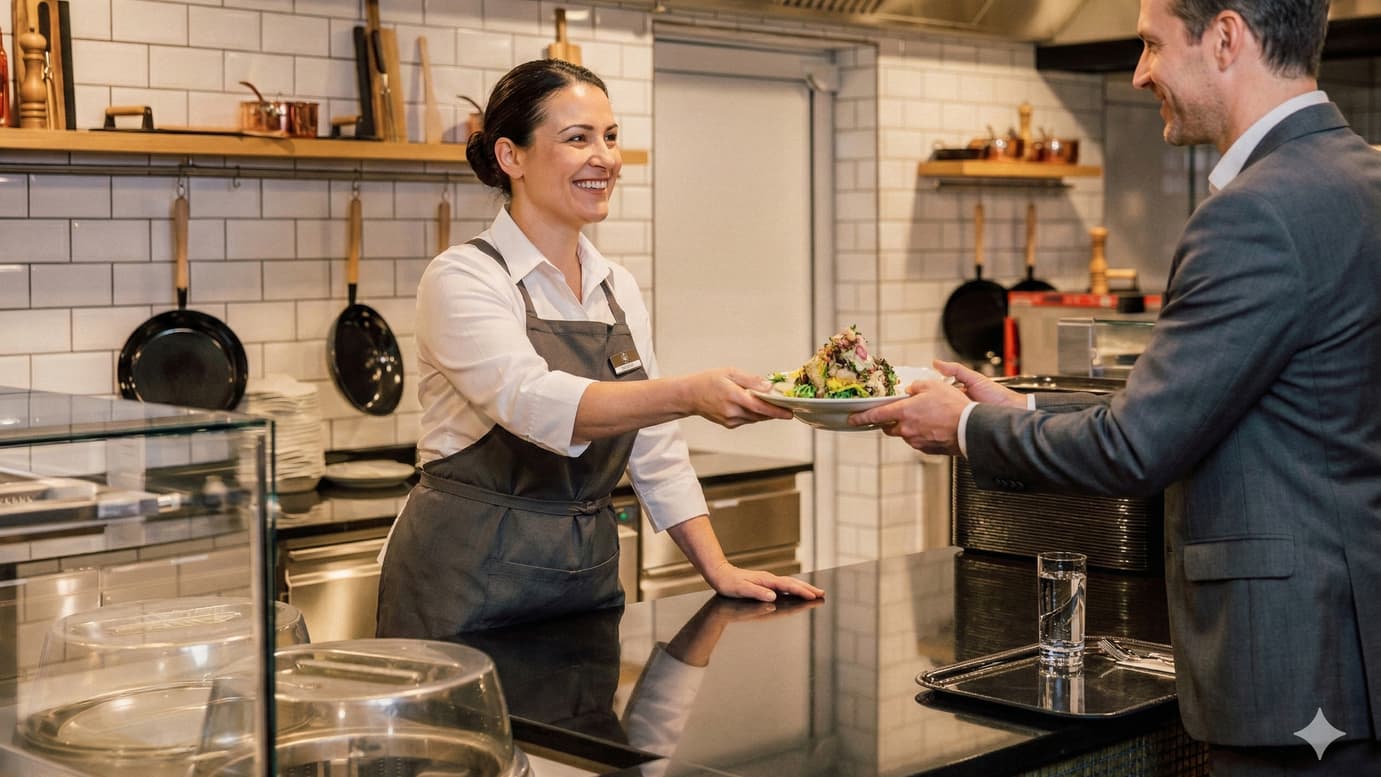 Frau serviert Mann einen Salat über die Theke in der Küche.