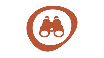 Terracottafarbiges Fernglas-Symbol auf weissem Hintergrund.