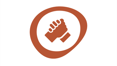 Symbol zweier sich haltender Hände, terracottafarbig umrandet.