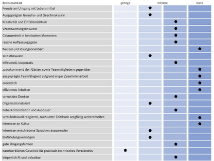 Tabelle mit Bewertung verschiedener Fähigkeiten und Eigenschaften in Kategorien geringe, mittlere und hohe Ausprägung.