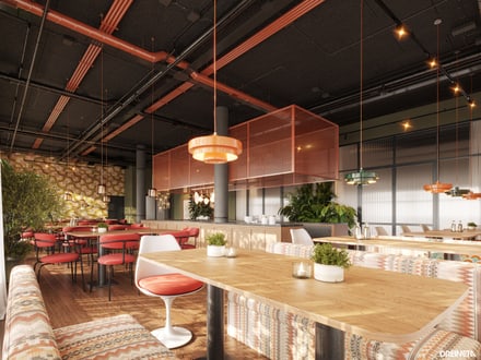 Moderne Restaurant-Inneneinrichtung mit Holz- und Rotelementen.