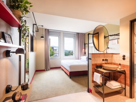 Modernes Hotelzimmer mit grossem Spiegel und Pflanze.