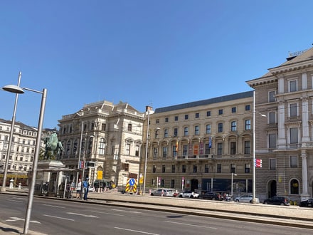 Stadtstrasse mit historischen Gebäuden, Fahrzeugen und Strassenbahnhaltestelle.