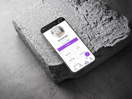 Smartphone mit geöffneter App auf einem Steinblock.",