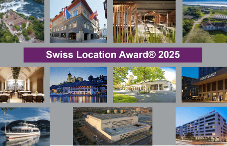 Collage mit verschiedenen Veranstaltungsorten, Swiss Location Award 2025 Banner in der Mitte.