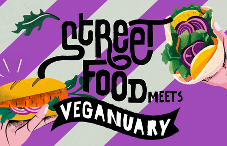 Street Food trifft Veganuary, illustriertes Sandwich und Wrap in Händen.