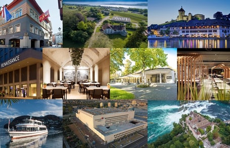 Collage von Sehenswürdigkeiten und Hotels in der Schweiz.
