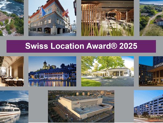 Collage mit verschiedenen Veranstaltungsorten, Swiss Location Award 2025 Banner in der Mitte.