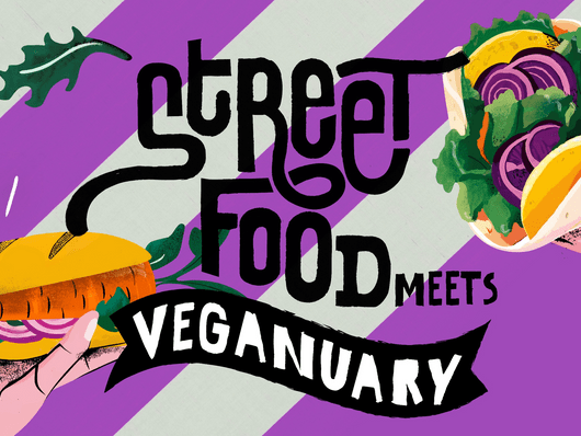 Street Food trifft Veganuary, illustriertes Sandwich und Wrap in Händen.