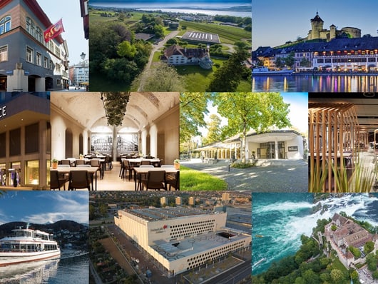 Collage von Sehenswürdigkeiten und Hotels in der Schweiz.