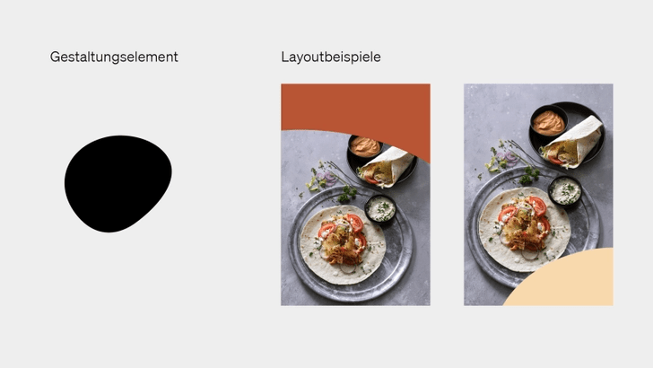 Gestaltungselement und Layoutbeispiele mit Essen auf Tellern.