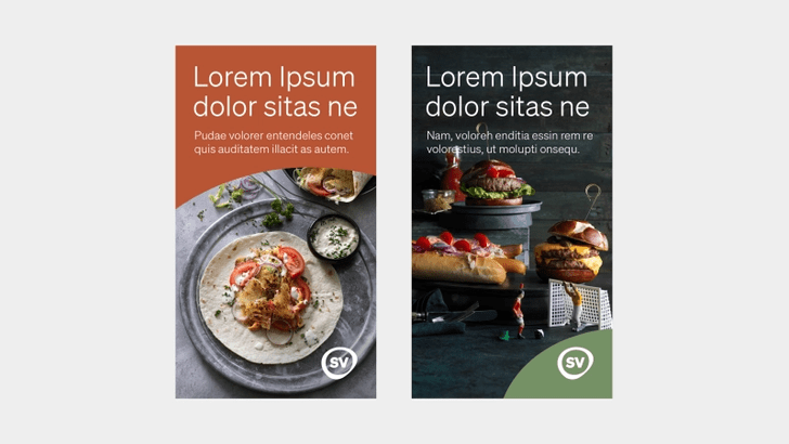 Zwei Food-Promo-Poster mit Text und Bildern von Gerichten.