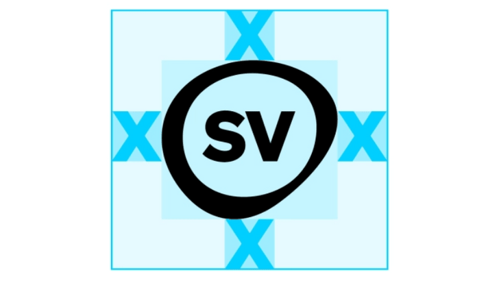 Grafik mit schwarzem Kreis und 'sv' auf blauem Hintergrund mit X-Muster.