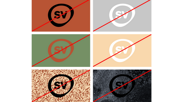 Sechs Rechtecke in verschiedenen Farben mit SV-Logo und roter Linie diagonal durchgestrichen.