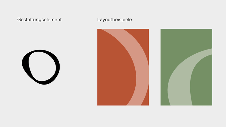 Gestaltungselement und Layoutbeispiele mit Formen in Schwarz, Rot und Grün.