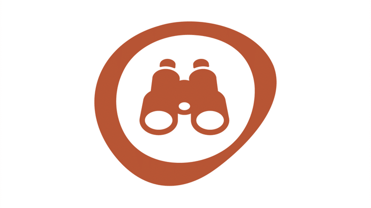 Terracottafarbiges Fernglas-Symbol auf weissem Hintergrund.