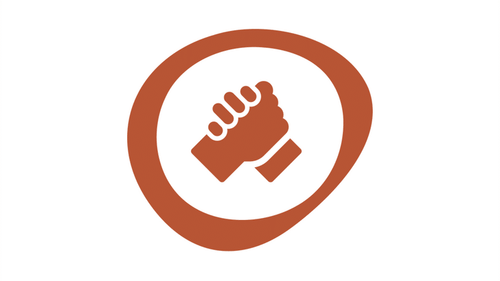 Symbol zweier sich haltender Hände, terracottafarbig umrandet.