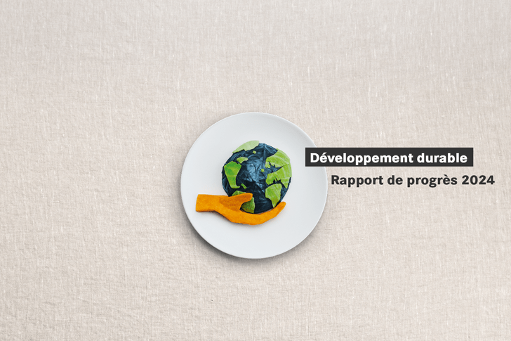 Assiette avec globe et main, texte 'Développement durable Rapport de progrès 2024'.