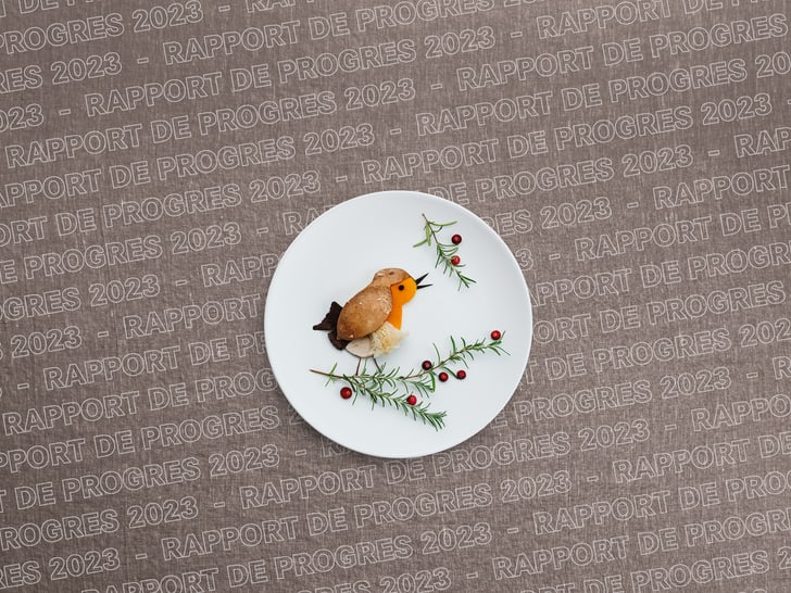 Assiette à dessert avec motif de Noël et pâtisserie en forme d'oiseau sur fond documenté.