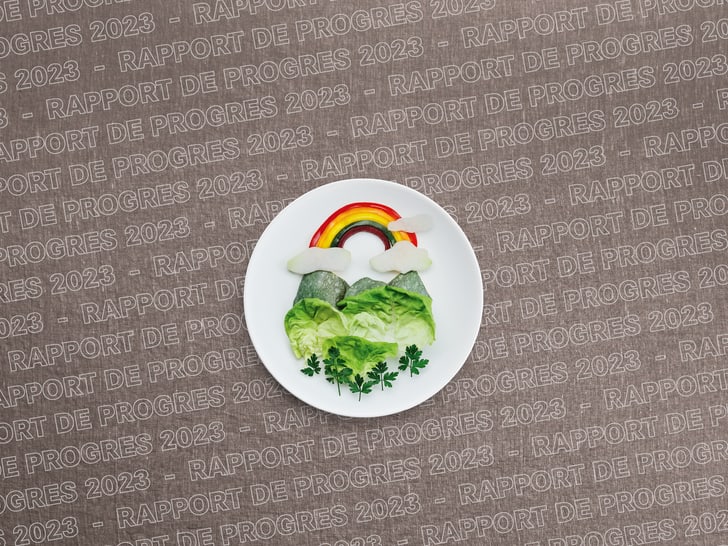 Assiette de légumes arrangée de manière créative avec un arc-en-ciel et des nuages faits de légumes sur fond imprimé.