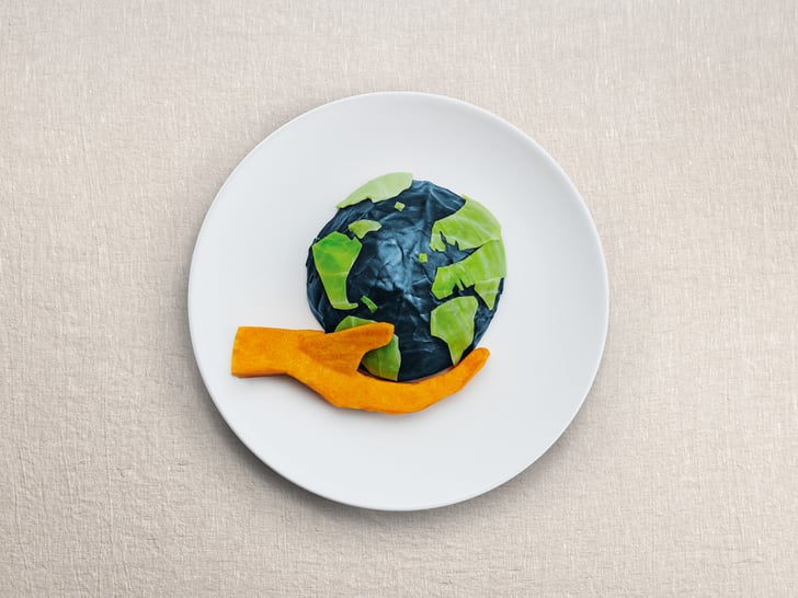 Teller mit Lebensmittel darauf die eine Hand und ein Erdkugel zeigen. Sujet für Nachhaltigkeitskampagne Planetary Health Diet