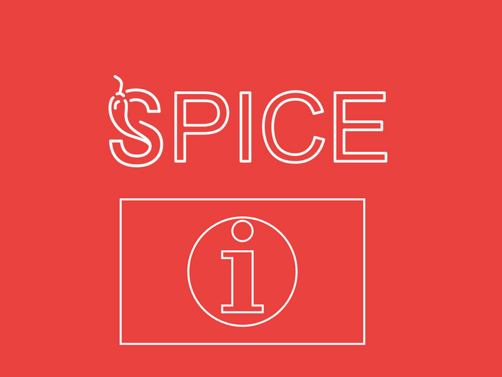 Rotes Logo mit Text \"SPICE\" und Infopiktogramm.",