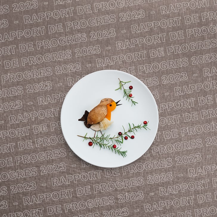 Assiette à dessert avec motif de Noël et pâtisserie en forme d'oiseau sur fond documenté.