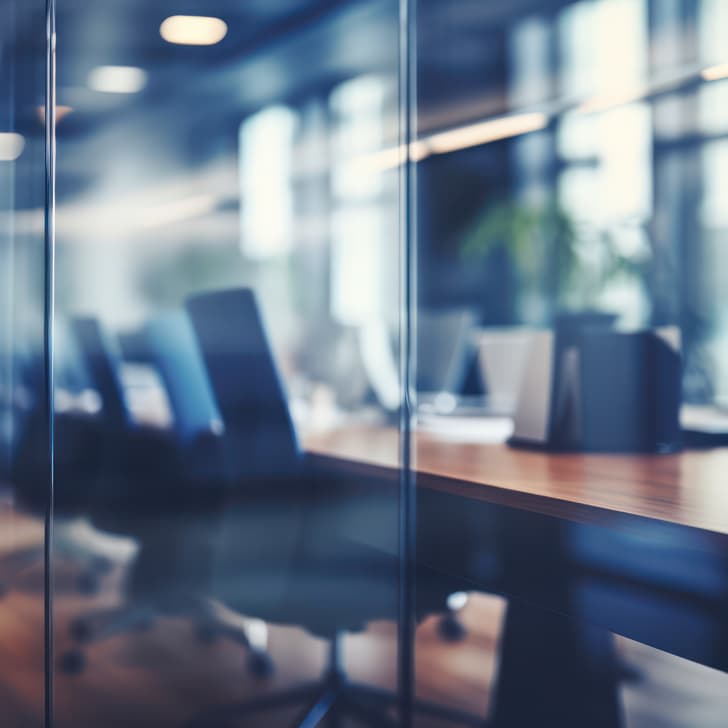 Moderne Büroinnenansicht durch Glas mit reflektierenden Oberflächen und Computerarbeitsplätzen.