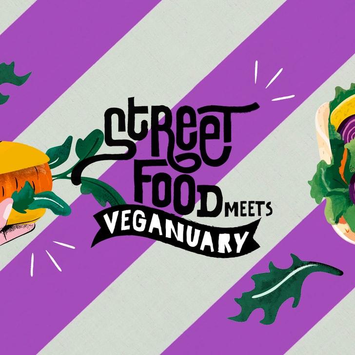 Illustration von Händen, die vegane Streetfood halten, mit Schriftzug 'Street Food meets Veganuary'.