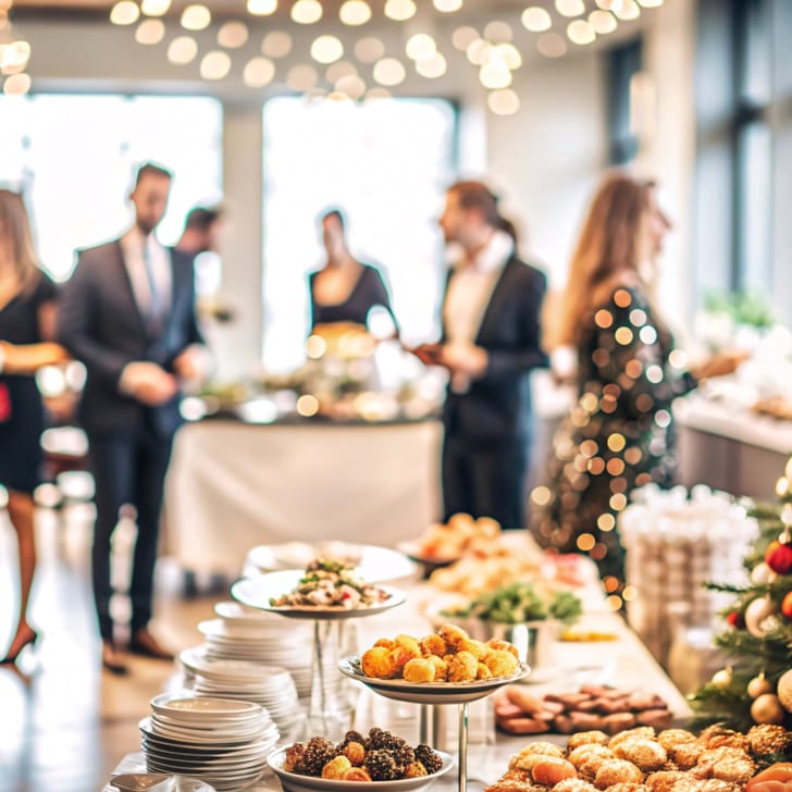 Weihnachtsfeier mit Menschen, Buffet und geschmücktem Baum.