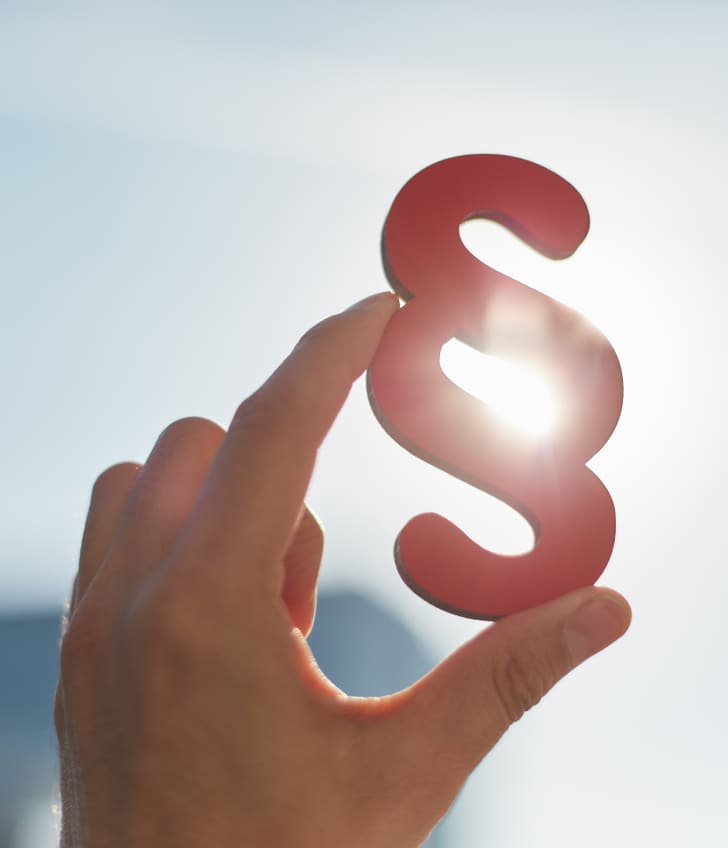 Hand hält einen roten Paragraphen vor der Sonne.