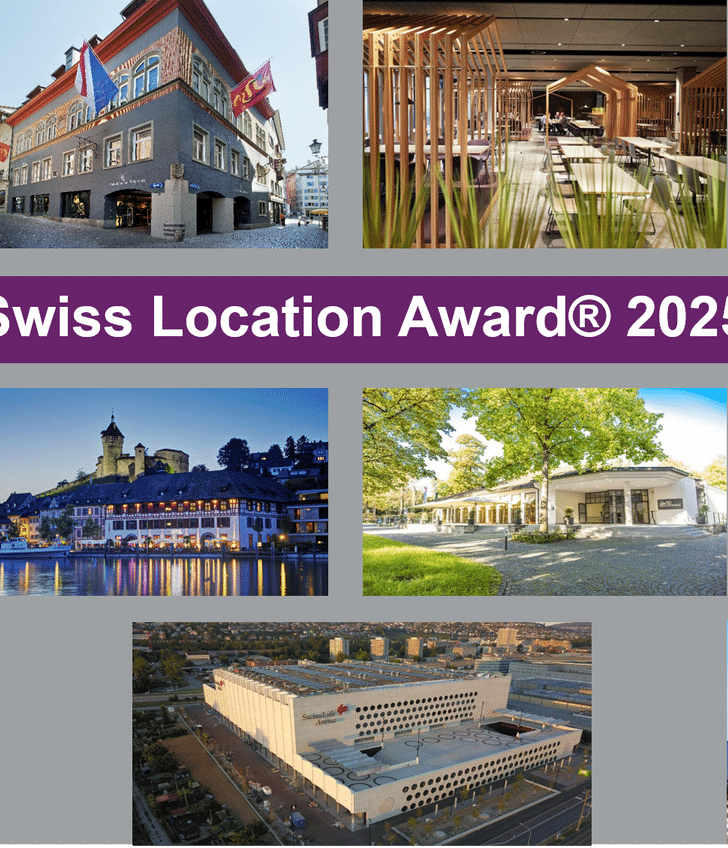 Collage mit verschiedenen Veranstaltungsorten, Swiss Location Award 2025 Banner in der Mitte.