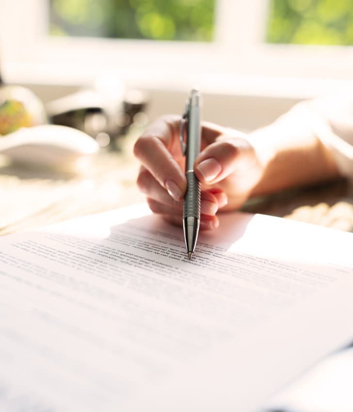 Person unterschreibt Dokument am Schreibtisch neben einem Laptop
