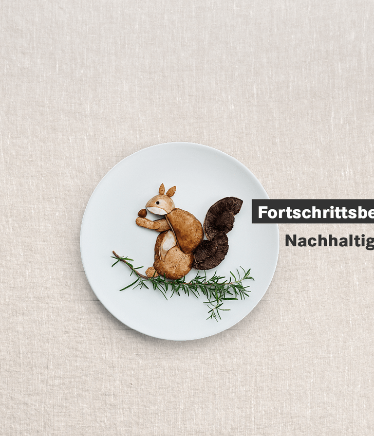 Squirrel figurine on plate with text 'Fortschrittsbericht Nachhaltigkeit 2024'.