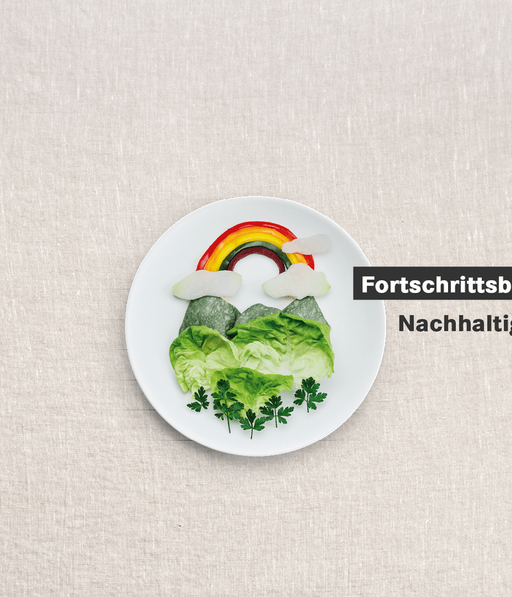 Teller mit Gemüse, Regenbogen, Wolken, Fortschrittsbericht Nachhaltigkeit 2024.