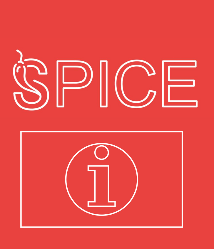 Rotes Logo mit Text \"SPICE\" und Infopiktogramm.",