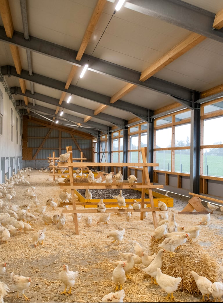 Bild von einem Hühnerstall von oben mit grossen Fenstern. es liegt viel Stroh auf dem Boden und es hat Hühner.