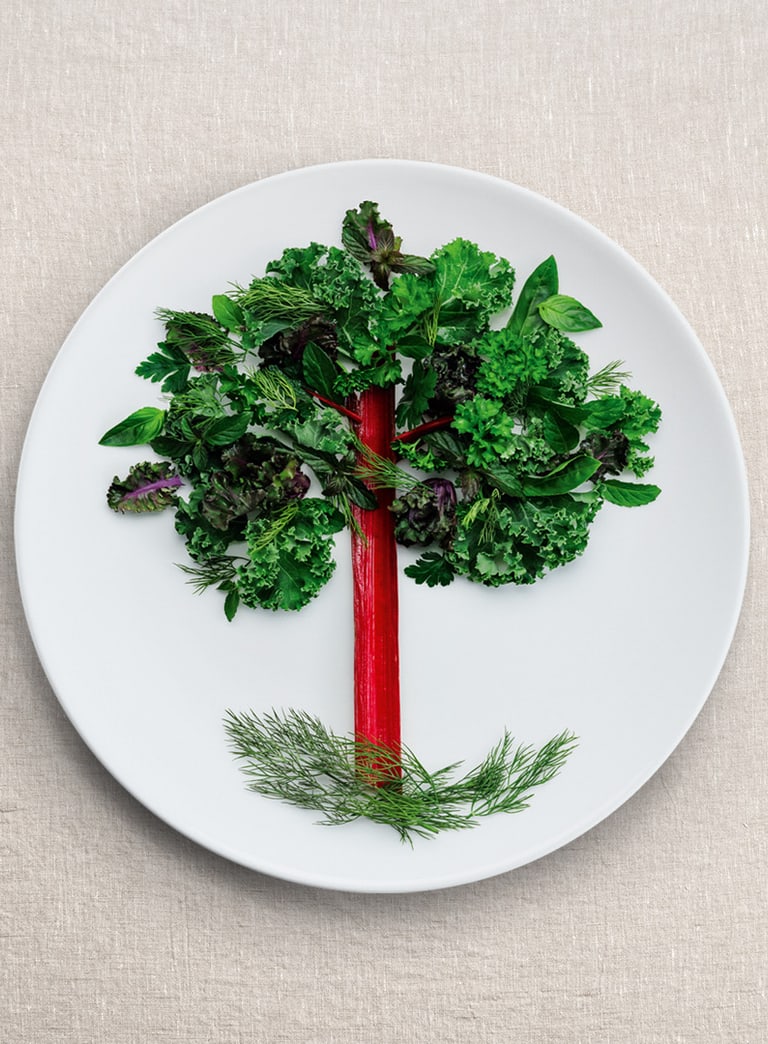 Ein Baum, der mit Lebensmittel auf einem Teller nachgestellt wurde.