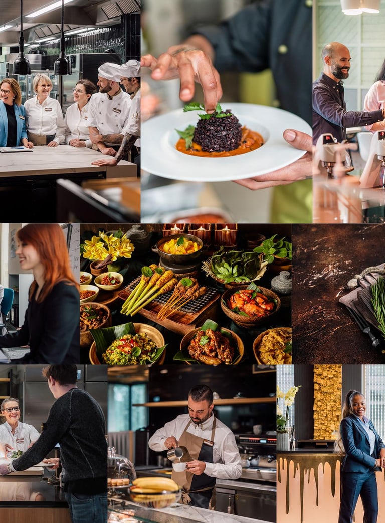 Collage von Menschen beim Kochen und Servieren in einer modernen Küche und Restaurantumgebung.