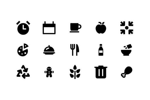 Verschiedene schwarze Symbole auf weissem Hintergrund, darunter Uhr, Tasse, Apfel, Kuchen, Geschirr, Flasche, Pfeile, Mülleimer, Huhn.