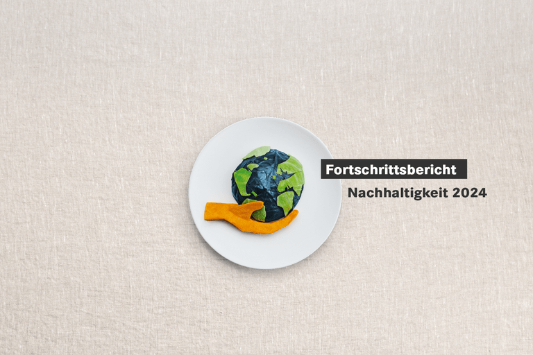 Bunte Erdkugel und Hand auf Teller mit Text 'Fortschrittsbericht Nachhaltigkeit 2024'.