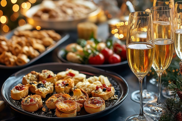 Teller mit Vorspeisen und Gläsern mit Sekt, festliche Dekoration im Hintergrund.