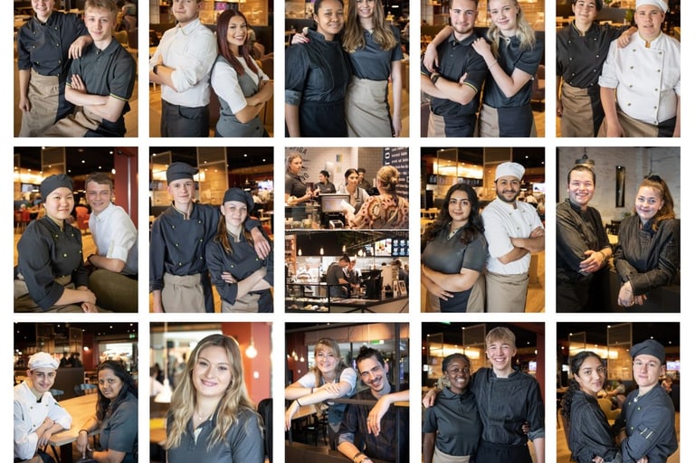 Collage von Fotos mit Restaurantpersonal in verschiedenen Posen und Interaktionen.