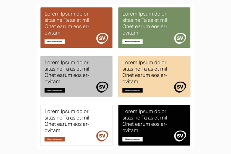 Sechs bunte Textblöcke mit Lorem Ipsum und SV-Logo.