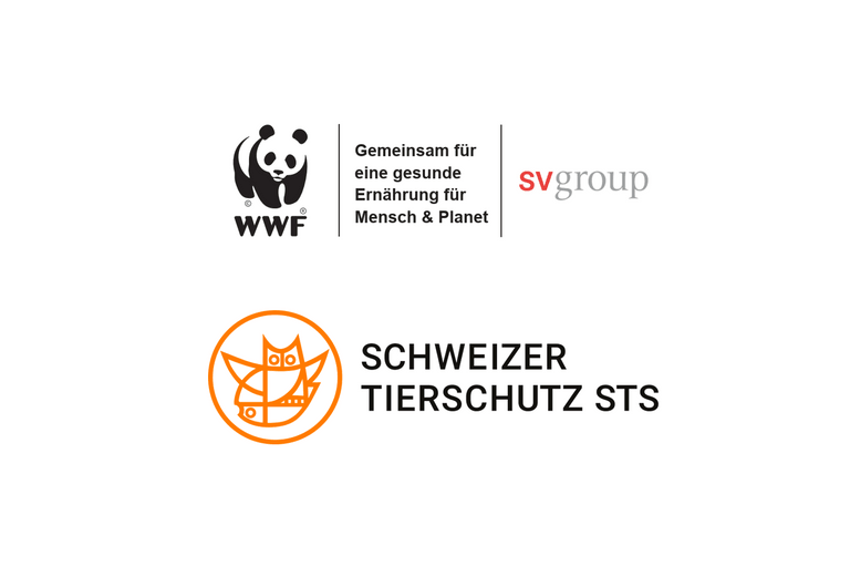 Logos von WWF, SV Group und Schweizer Tierschutz STS mit Slogans.