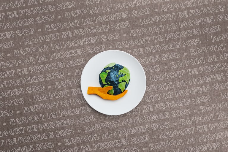 Modèle de Terre sur une assiette avec garniture de carotte, sur fond avec texte 'Rapport de Progrès 2023'.
