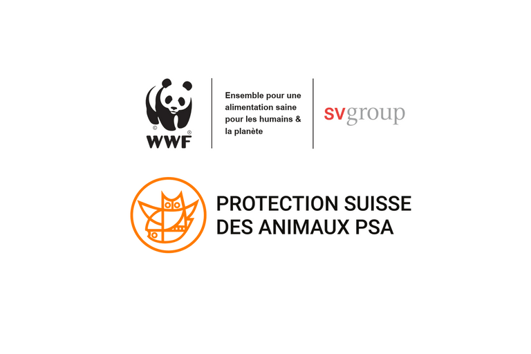Logos des organisations WWF, groupe SVG et Protection Suisse des Animaux PSA.