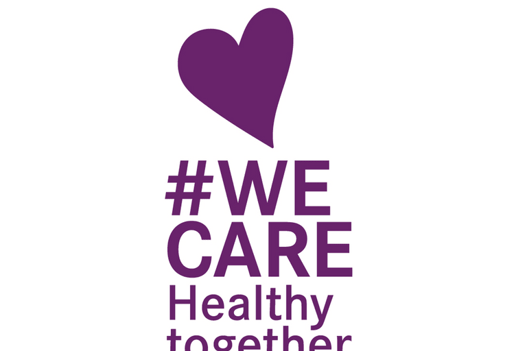 Lila Herz über Text #WE CARE Healthy together.