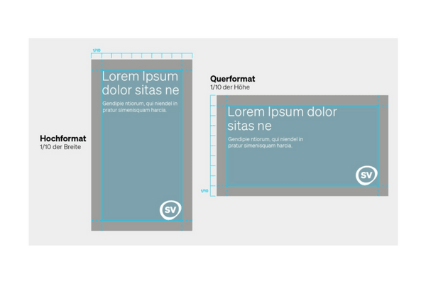 Grafik zu Hochformat und Querformat mit Textplatzierungsvorgaben.