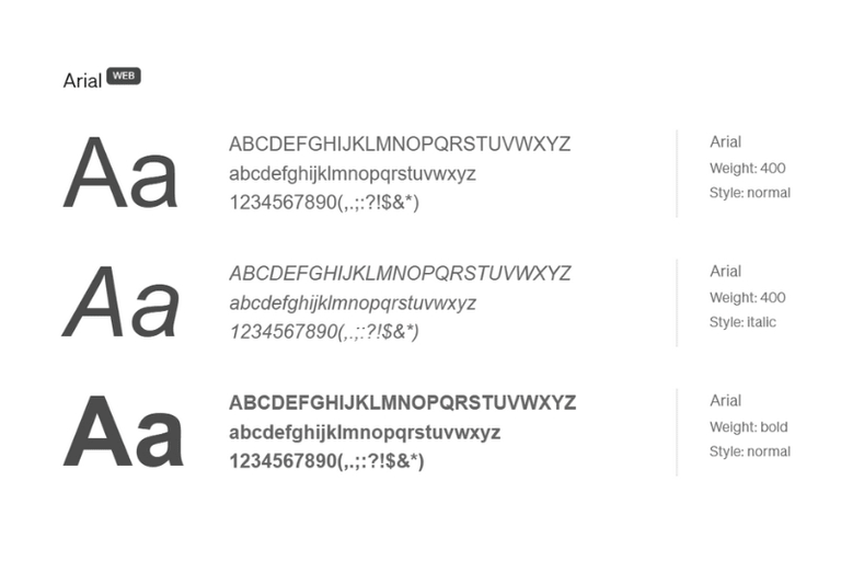 Beispiel der Arial-Schriftart in normal, kursiv und fett.